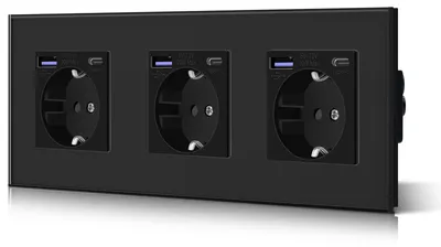Obrázek produktu pro Zásuvka do zdi, typ Schuko, trojzásuvková s rychlonabíječkou USB (20 W) a USB-C, skleněná, černá