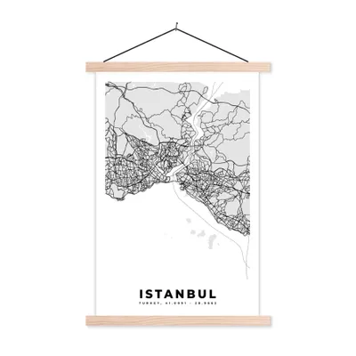 Produktbild von MuchoWow® Textilposter Istanbul - Karte - Stadtplan - Schwarz-weiß - Karte 60x90 cm mit holzfarbenen Rahmen - Textil