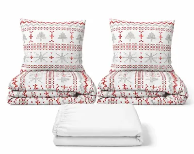 Immagine prodotto di Set di lenzuola matrimoniale, "Inverno Rosso" - 2 lenzuola, lenzuolo piumino 180x200 cm (003), colore bianco