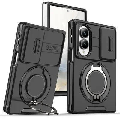 Produktbild von Handyhülle für Samsung Galaxy Z Fold 8 Dual-Layer Stoßfest Militär Hülle mit Dia Kameraschutz, Magnetisch Ring Ständer Schwarz
