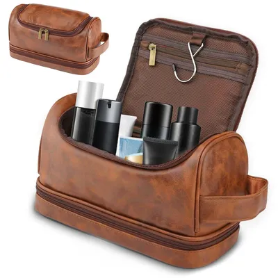 Produktbild von Kunstleder Kulturbeutel Herren, Tragbar Kulturtasche, Kosmetiktasche, Wasserdicht, Doppelreißverschluss, Haken, Reise Waschbeutel 28.5 x 12.4 x 16.8cm