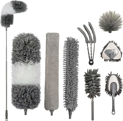 Produktbild von NovaBeau 9-teiliges Staubwedel mit Teleskopgriff – Mikrofaser Ragebol ausziehbar – Fugenbürste – graue Chenillebürste – waschbar und drehbar