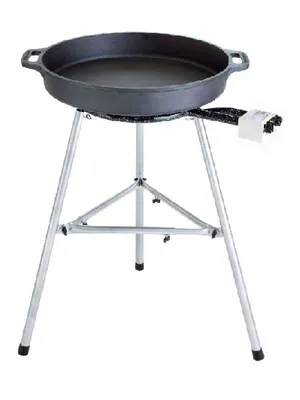 Produktbild von Paella World Gusseisenpfannen-Set 3, 60cm Pfanne, 40cm 2-Ring-Brenner, 11,4kw, Dreibein-Ständer, Paella-Fibel, GRATIS Federedelstahlwindschutz