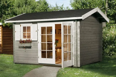 Produktbild von WEKA 152.3830.00.10 Premium Gartenhaus/Blockbohlenhaus Ingolstadt 2 seitlicher Eingang/Doppeltür/Einzelfenster ; Einheitsgröße ; Farbgebung:  ; Wandstärke: 45 mm ; Maße (LxBxH): 380 cm x 380 cm x 290 cm ; Seitenwandhöhe: 238 cm