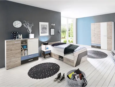 Produktbild von Jugendzimmer Set 4-teilig LEEDS-10 in Sandeiche Nb. mit weiß, Lava und Denim Blau