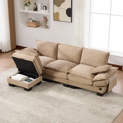 Obrázek produktu pro okwish modulární pohovka 3místná s 1 taburetem, ergonomicky široká sedací plocha, lounge sofa s USB-C portem, pohovka do obývacího pokoje s bočními kapsami, manšestr, khaki