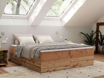 Produktbild von MKS MEBLE Boxspringbett, Polsterbett WOOD ZERO ohne Kopfteil, mit Stauraum & Bettkasten, 7-Zonen-Taschenfederkernmatratze, modernes Doppelbett in Holzoptik - Orange Cord - H3 - Topper T25