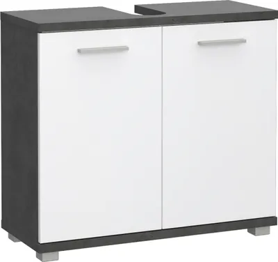 Produktbild von Forte CHAMP Waschbeckenunterschrank 70, moderner Badschrank mit 2 Türen, Aussparung für Siphon, Badezimmer, Weiß Glanz mit Betonoptik Dunkelgrau, 69,9 cm breit x 62 cm hoch x 28,9 cm tief