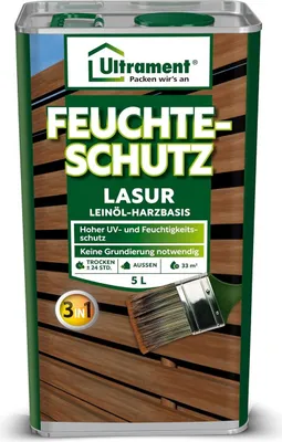 Produktbild von ULTRAMENT Feuchteschutz-Lasur 3-in-1, nussbaum, Holzschutz, Dünnschichtlasur, Leinöl-Harzbasis, 5 Ltr