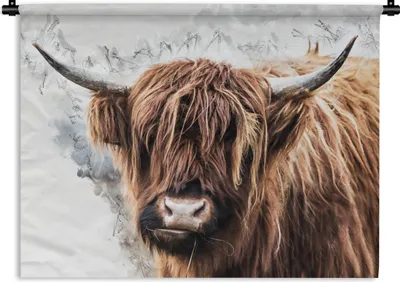Produktbild von MuchoWow® Wandteppich Wandbehang Schottisches Hochlandrind - Tiere - Rauch 90x67.5 cm Tapisserie Dekoration Wandtuch - Fototeppich - Wand-Skulpturen