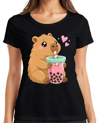 Produktbild von Kawaii Capybara Boba Bubble Tea Süß Wasserschwein Japan Nagetier Damen T-Shirt, Schwarz, S