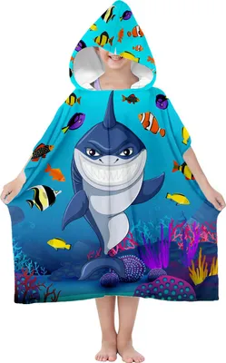 Produktbild von Poncho mit Kapuze, Kinder Badeponcho 70 cm, Microfaser, Hai, saugfähig, schnell trocknend [163]