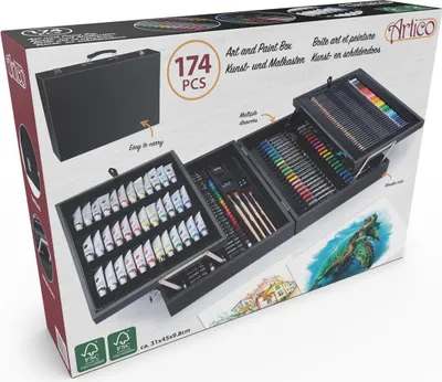 Produktbild von Artico 174teiliges Zeichen- und Malset - im Malkoffer - Aquarell-, Acryl- und Ölfarben, Kreide, Marker, Buntstifte und Zubehör