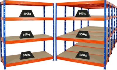 Produktbild von Mega Deal | 5x Profi Schwerlastregal Rhino | HxBxT 180x160x60cm | 4 Spanplatten-Ebenen 8mm | Fachlast 500kg | Blau-Orange