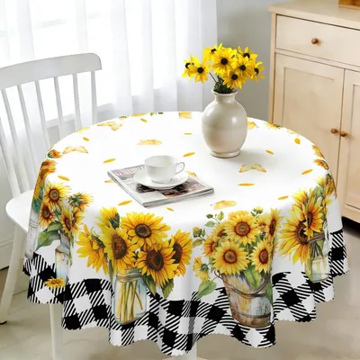 Obrázok produktu pre Okrúhla obrus, priemer 140 cm, odolná voči poveternostným vplyvom, umývateľná, vyrobená z polyesteru, s motívom slnečnice a motýľov, vhodná na vonkajšie použitie