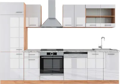 Produktbild von Küchenzeile Vicco R-Line Weiß Hochglanz/Goldkraft Eiche 300 cm , AP Marmor, Model 43051