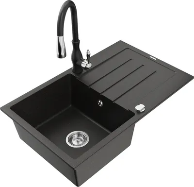 Produktbild von Mexen Bruno 1 Becken-Granitspüle mit Abtropffläche und Mischbatterie Savita, Schwarz/Gold metallisch - 6513-75-672601-70