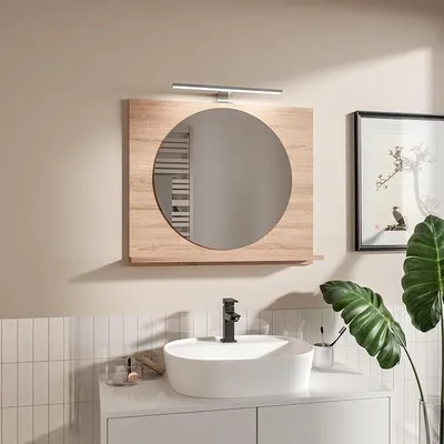 Produktbild von Badspiegel mit Beleuchtung und Ablage Eiche Sonoma H:60 x B: 70 cm Rund Spiegel ?55 cm Bathroom Mirror Moderner Badezimmer Spiegel Rechteckig Wandspiegel mit Regal