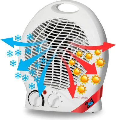 A white electric heater with arrows indicating airflow for both heating and cooling.