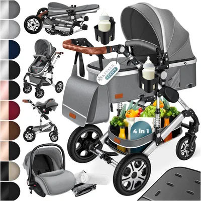 Produktbild von KESSER® Loops Kinderwagen 4 in 1 Kombikinderwagen Komplett-Set auch als Buggy für Kinder bis 4 Jahre inkl. Babywanne, Babyschale + Fußsack, Korb, Wickeltasche, Regen- & Insektenschutz & Flaschenhalter