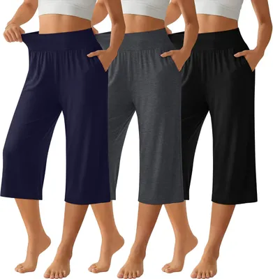 Obrázok produktu pre Dámske capri nohavice, vysoký pás, široké nohavice, vrecka, loungewear
