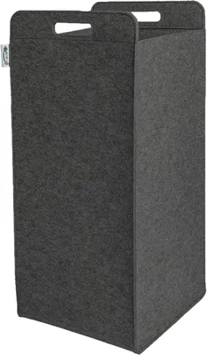 A dark gray felt laundry basket with handles is shown against a white background.