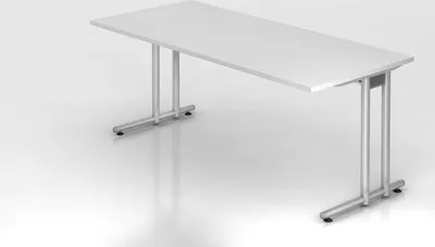 Produktbild von Schreibtisch Mauno | Weiß | BxT 180x80cm | Arbeitshöhe 72cm | höhenjustierbar 0-10 mm | C-Fuß-Gestell Silber | Rechteckform