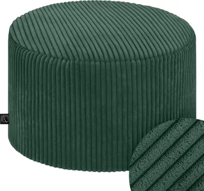 A green corduroy ottoman is shown against a white background.