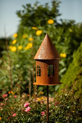 Produktbild von Garten Deko Windlicht Vogelhaus Gartendekoration Naturrost Dekorieren rostige Dekoration Gartenstecker Beetstecker Topfstecker Landhaus Kerzenhalter Vogelfutterhaus rund auf Platte Futterhaus
