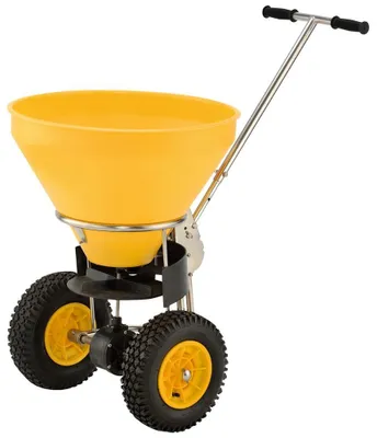 Produktbild von Streuwagen, mit 6 Streustufen, Streubreite 1-4 m, Edelstahlrahmen mit gelbem Kunststoff-Streugutbehälter, Vol. 50 l