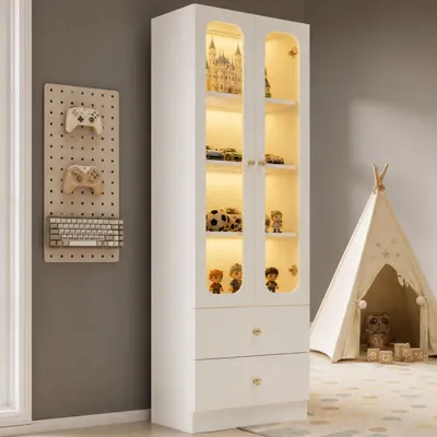 Produktbild von Flieks Glasvitrine mit 2 Schubladen, RGB-LED-Beleuchtung per App steuerbar, Aktenschrank mit goldene Metallgriffe, Hochschrank, Weiß