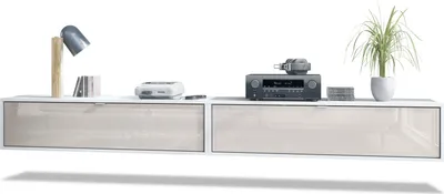 Produktbild von Vladon 2er-Set TV Board Lana 120,  Germany, Lowboards je 120 x 29 x 37 cm mit viel Stauraum, Korpus in Weiß matt, Fronten in Sandgrau Hochglanz | Große Farbauswahl