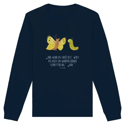 Produktbild von Mr. & Mrs. Panda Baumwoll Sweatshirt Raupe Schmetterling Größe XS - French Navy - Geschenk, Zitronenfalter, Entwicklung, Lustige Sprüche, Pullover, Pulli, Kokon, Sweater