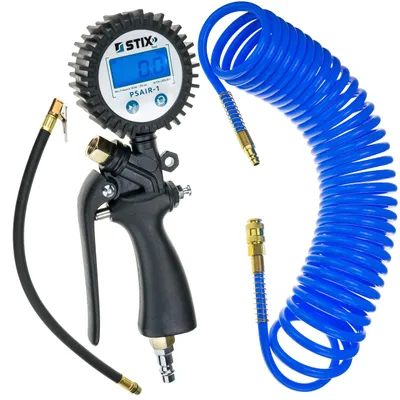 Zdjęcie produktu dla Pistolet ciśnieniowy do opon STIX PSAIR-1 z cyfrowym manometrem 0-18 bar + 10 m węża spiralnegopoliuretan 12/8 mm