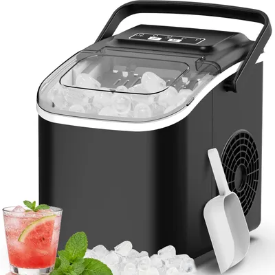 Produktbild von Eiswürfelmaschine, 12kg/24h, 8 Eiswürfel in 6–13 Minuten, 2 Eiswürfelgrößen, Selbstreinigungsfunktion, LED-Anzeige, tragbar, Schwarz