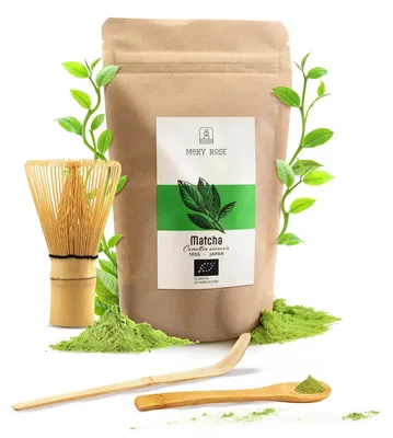 Produktbild von Mary Rose - Matcha Tee Set 100g - Japanischer Grüner Tee Aus Kagoshima - mit Bambusbesen Chasen 11cm, Chashaku 18cm und Löffel