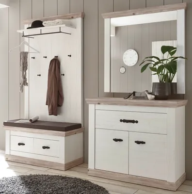 Produktbild von Garderobenkombination "Rovola" Pinie weiß / Oslo Pinie Landhaus Garderobe Set 4-tlg.
