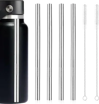 Produktbild von 4er Set Metallstrohhalme mit 2 Reinigungsbürsten für Hydro Flask, Silberne Edelstahl-Strohhalme, kompatibel mit Hydro Flask Wide Mouth Bottle 64oz