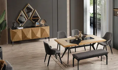 Immagine prodotto di Elegante set di mobili Tavolo in legno di design 4 sedie imbottite Panca Consolle