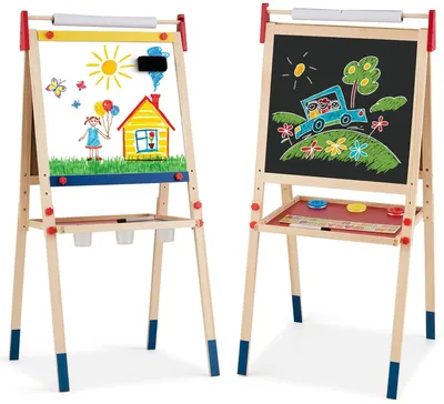 Produktbild von GOPLUS Staffelei Kinder, Spieltafel Zeichenbrett inkl. Whiteboard und Kreidetafel, mit Verstellbarem Ständer Malpapier Farbbecher Marker Kreide Radiergummi Magnetischem Aufkleber