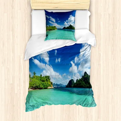 Produktbild von ABAKUHAUS Landschaft Mantele, Botanic Sea Mountain, Milbensicher Allergiker geeignet mit Kissenbezügen, 135 cm x 200 cm - 80 x 80 cm, Türkis-Blau-Grün