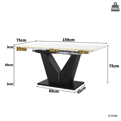 Zdjęcie produktu dla Stół jadalny – rozkładany na 2 długości – 99–159 x 75 cm – dla 4–6 osób – metalowe nogi – zajmuje mało miejsca – biały