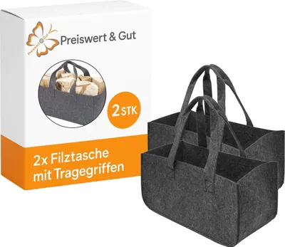 Produktbild von Filztasche Kaminholzkorb 2er Set grau mit Tragegriffen 50 x 25 x 25 cm Brennholzkorb aus Filz für Kaminholz