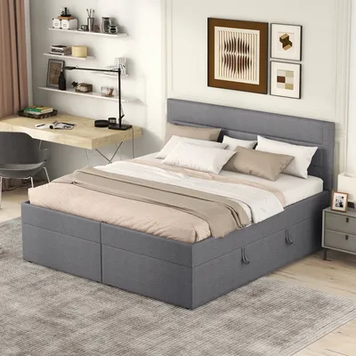Produktbild von MODFU Polsterbetten 140 x 200 cm Kinderbett Doppelbett mit Lattenrost und Bettkasten(ohne Matratze), Grau