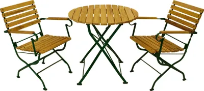 Produktbild von DEGAMO Gartengarnitur Bistroset Klappgarnitur PASSAU 3-teilig, Flachstahl grün + Robinie, klappbar (2x Klappsessel mit Armlehnen, 1x Klapptisch 77cm rund)