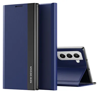 A navy blue flip case for a Samsung Galaxy S22 5G phone is shown standing upright, with the phone's camera array visible.
