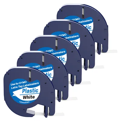 Produktbild von Boxstuff - Dymo LetraTag 91201 - S0721610 - Etikettenband - Schwarz auf weißem Kunststoff - 12 mm x 4 m - 5 Stück