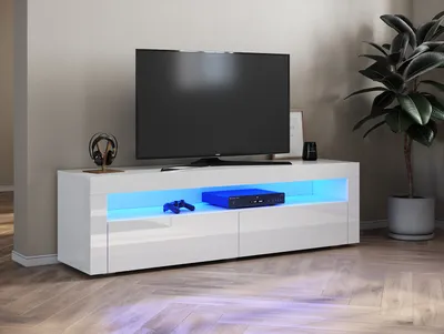 Produktbild von SUNXURY Niska szafka pod TV biały wysoki połysk z oświetleniem LED, 12 kolorów LED, z 2 drzwiami skrzydłowymi, bez uchwytów 155 x 40 x 45 cm