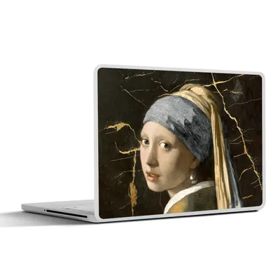 Produktbild von MuchoWow® Laptop Aufkleber Sticker Cover Mädchen mit einem Perlenohrring - Gold - Marmor 30x22 cm - Laptop-Sticker