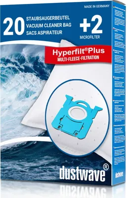 A product box for vacuum cleaner bags with a depiction of a vacuum bag and water waves.